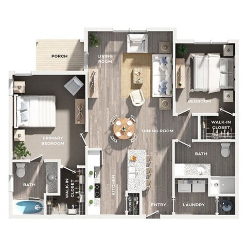 Floor plan for 2 beds, 2 baths, 1104 sqft
